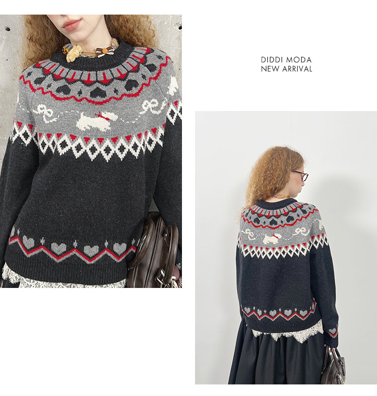 Jacquard Fair Isle Dog Pattern Knit Pullover