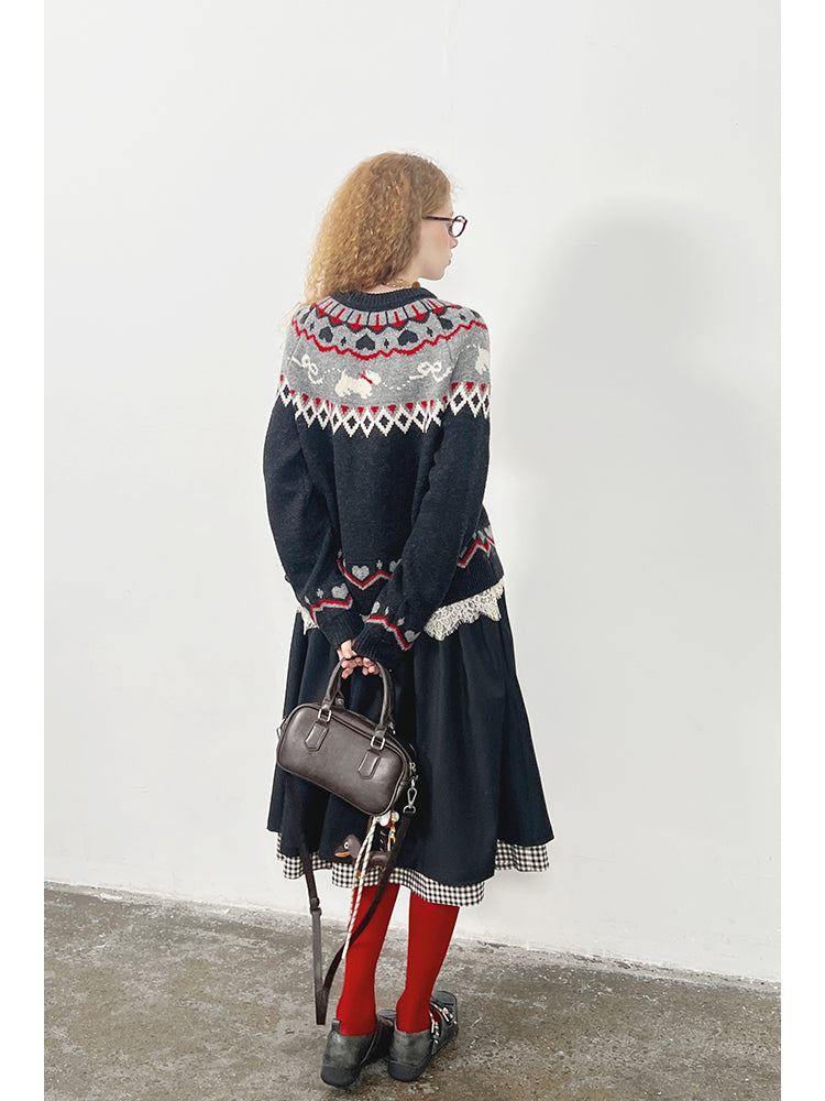 Jacquard Fair Isle Dog Pattern Knit Pullover