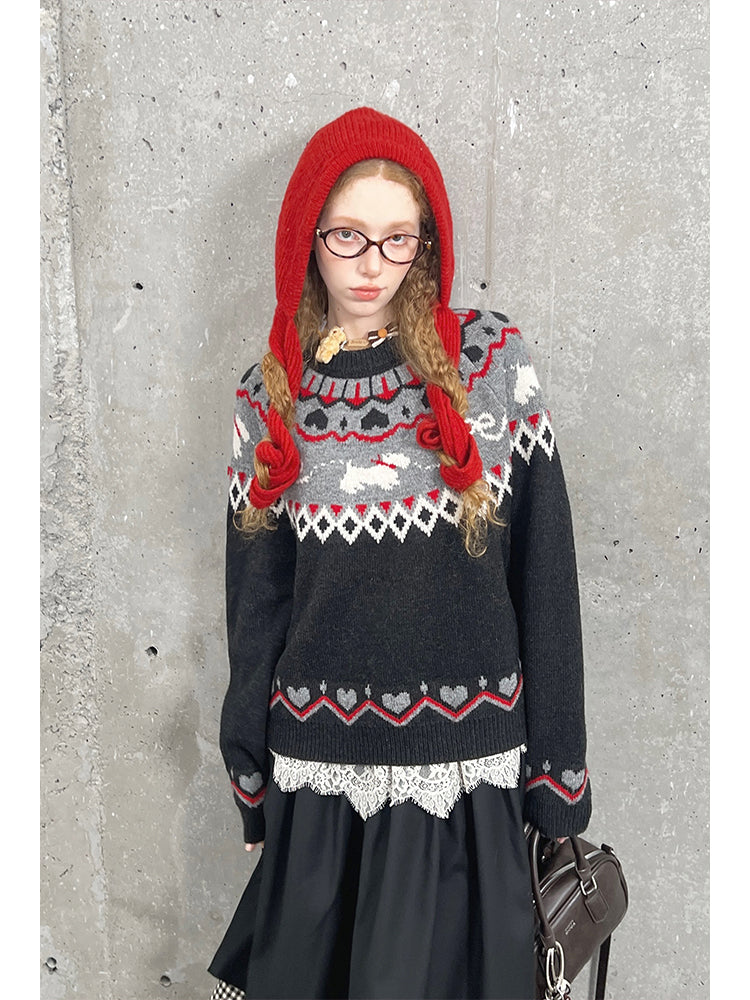 Jacquard Fair Isle Dog Pattern Knit Pullover