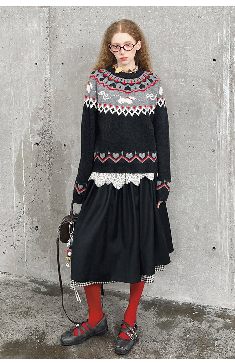 Jacquard Fair Isle Dog Pattern Knit Pullover