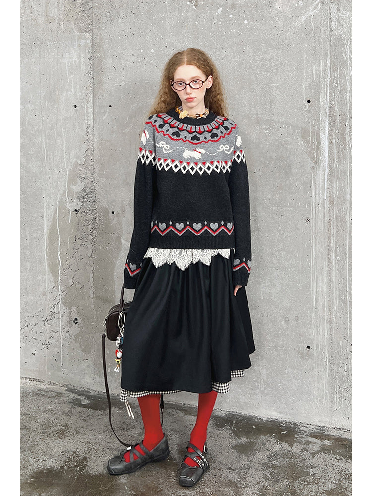 Jacquard Fair Isle Dog Pattern Knit Pullover