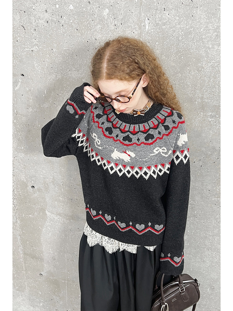 Jacquard Fair Isle Dog Pattern Knit Pullover