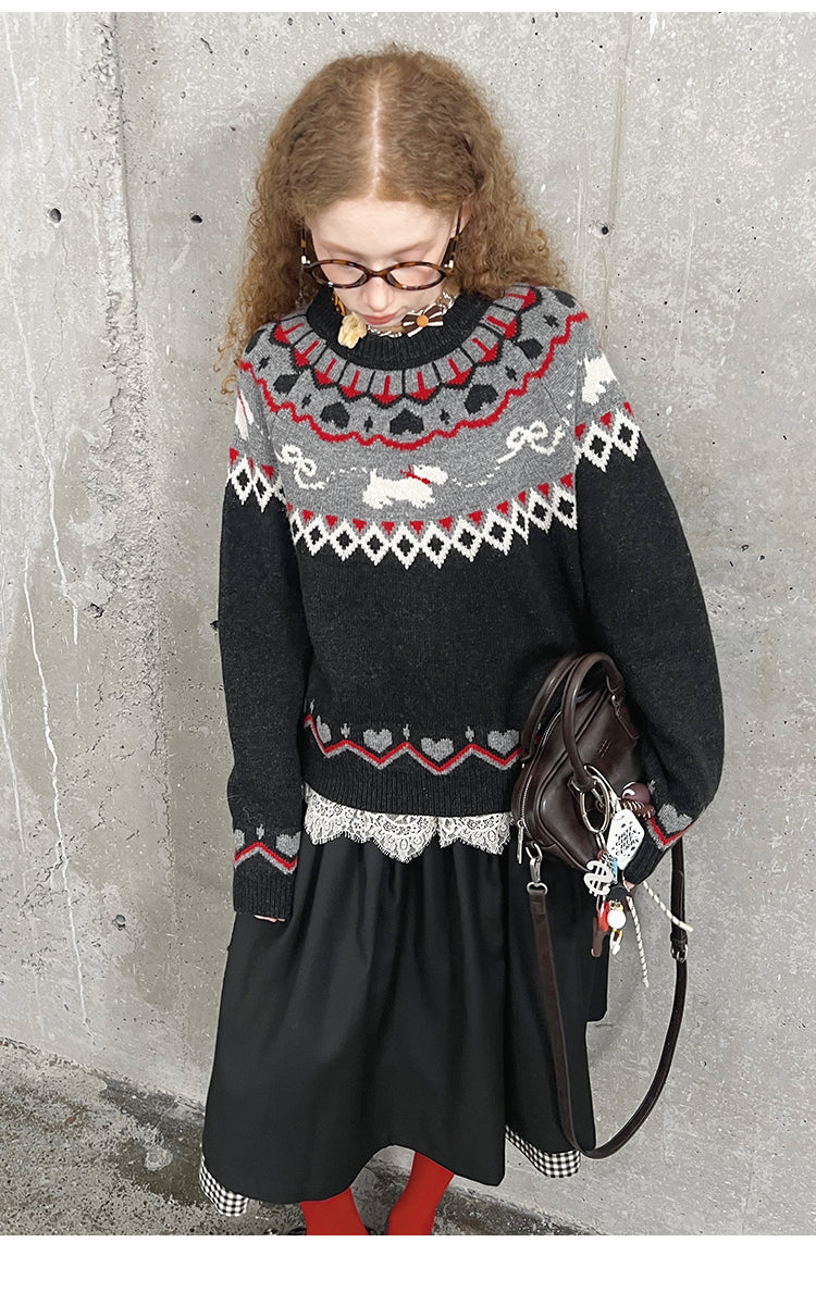 Jacquard Fair Isle Dog Pattern Knit Pullover
