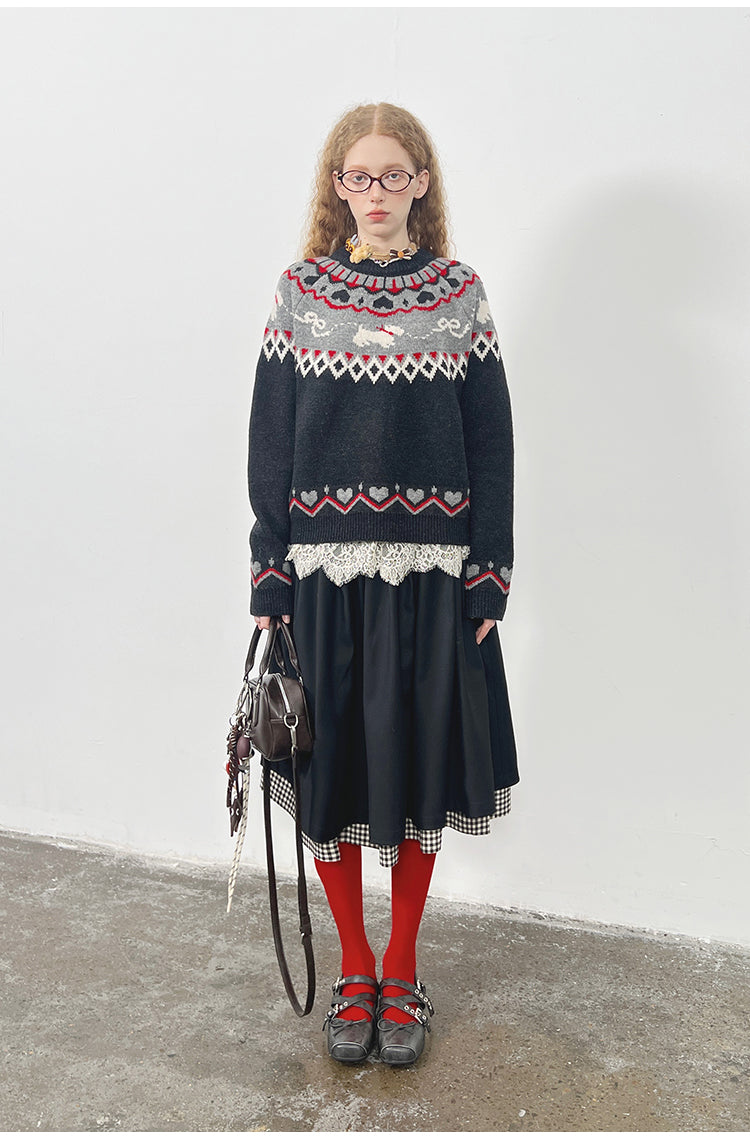 Jacquard Fair Isle Dog Pattern Knit Pullover