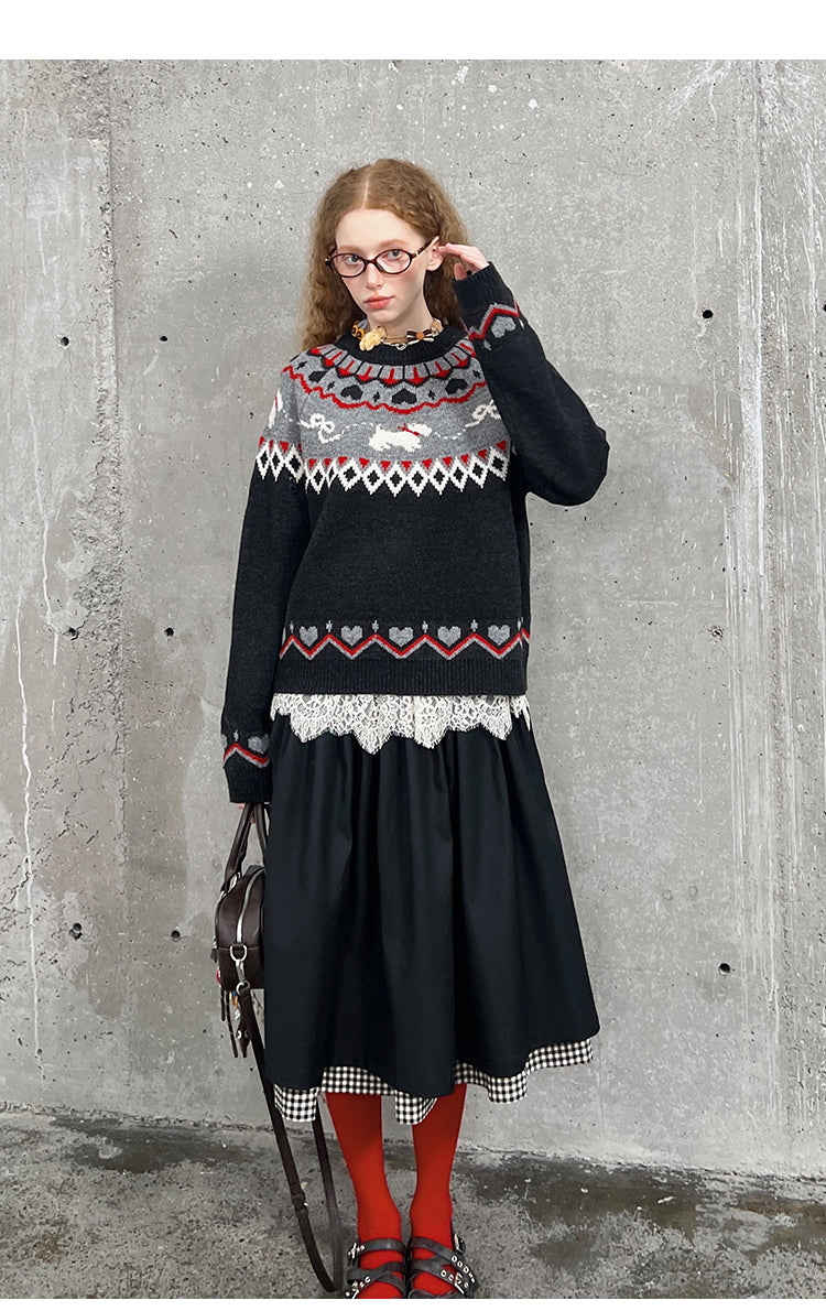 Jacquard Fair Isle Dog Pattern Knit Pullover