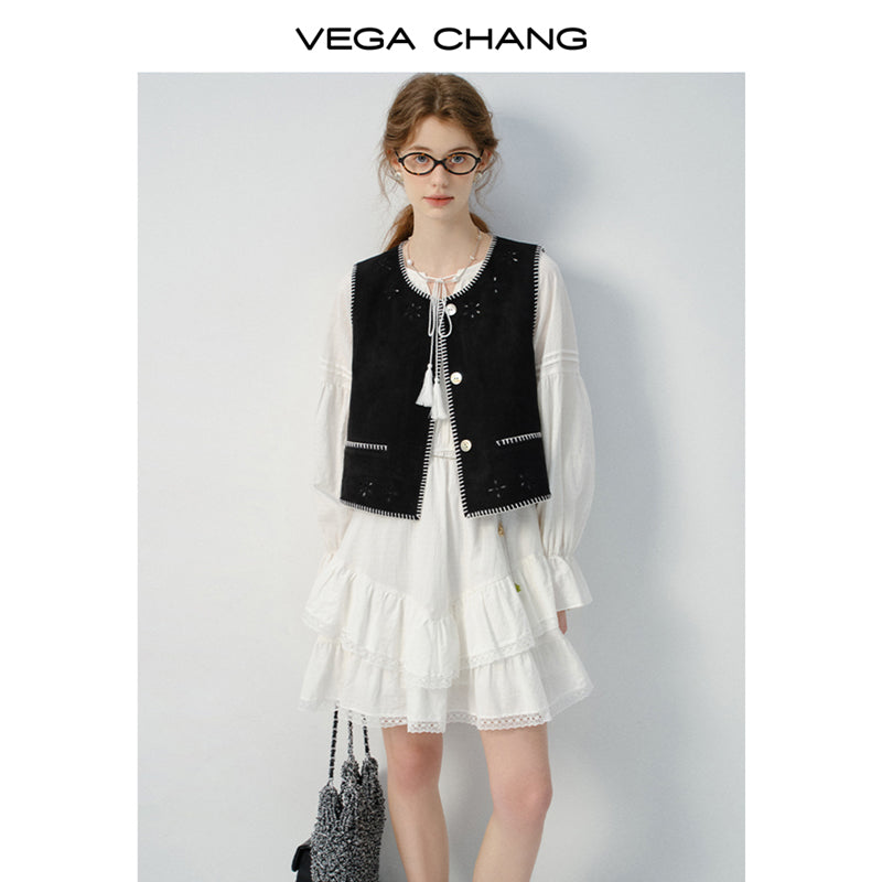 Bell Sleeve Tiered Dress, Stitched Embroidery Vest