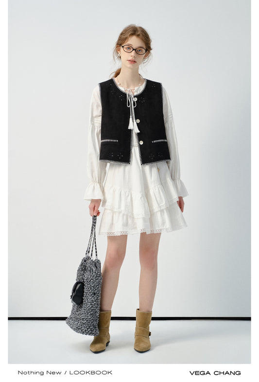 Bell Sleeve Tiered Dress, Stitched Embroidery Vest