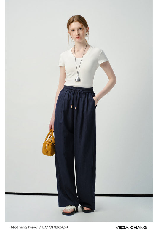 Casual Straight Pants With Beaded Drawstring