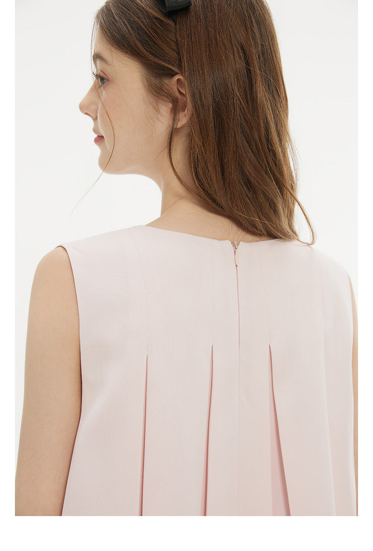 Sleeveless Pleated A-Line Dress With Ribbon Bow