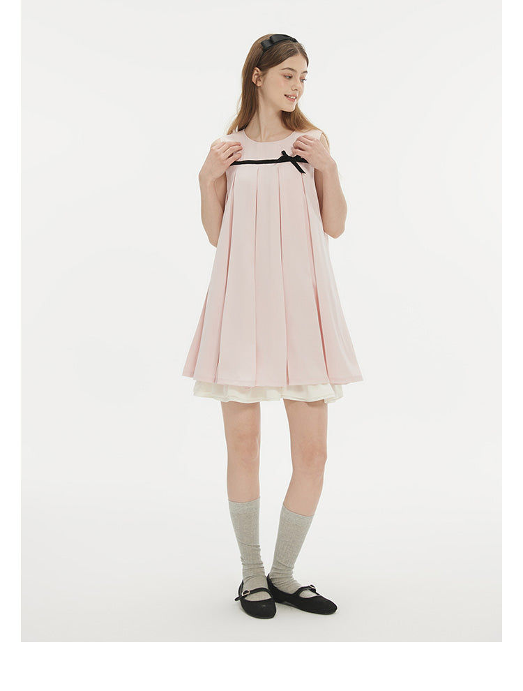 Sleeveless Pleated A-Line Dress With Ribbon Bow