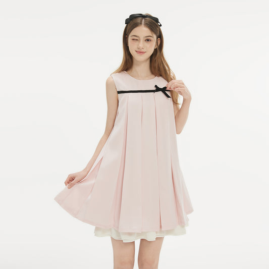 Sleeveless Pleated A-Line Dress With Ribbon Bow