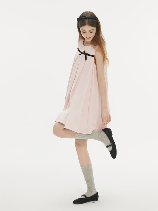 Sleeveless Pleated A-Line Dress With Ribbon Bow