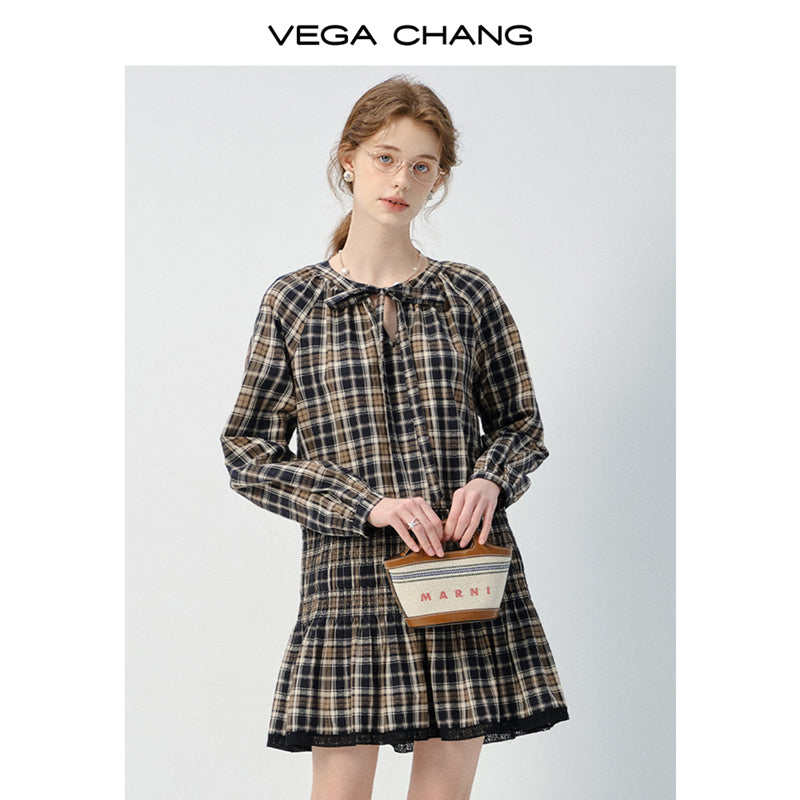 Plaid Smocked Tie-Neck Dress And Adjustable Blazer