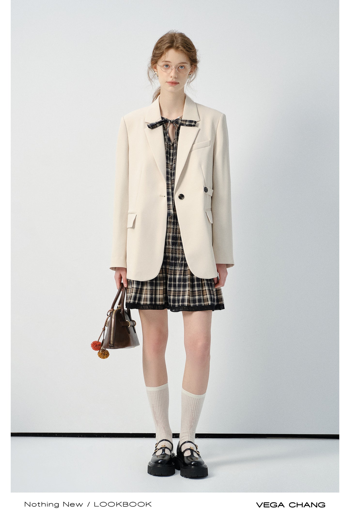 Plaid Smocked Tie-Neck Dress And Adjustable Blazer