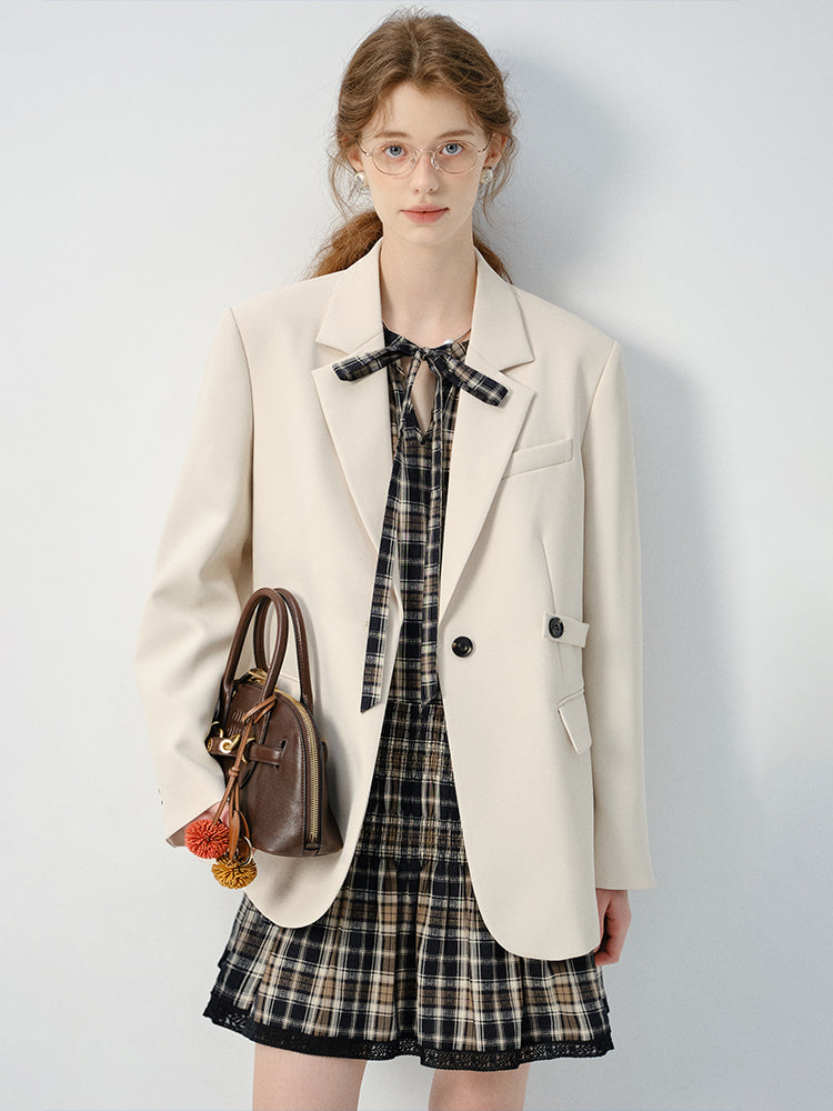 Plaid Smocked Tie-Neck Dress And Adjustable Blazer