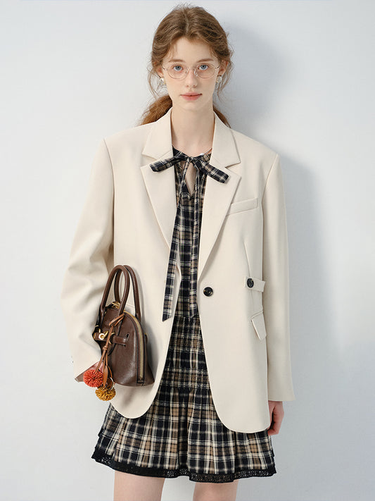 Plaid Smocked Tie-Neck Dress And Adjustable Blazer