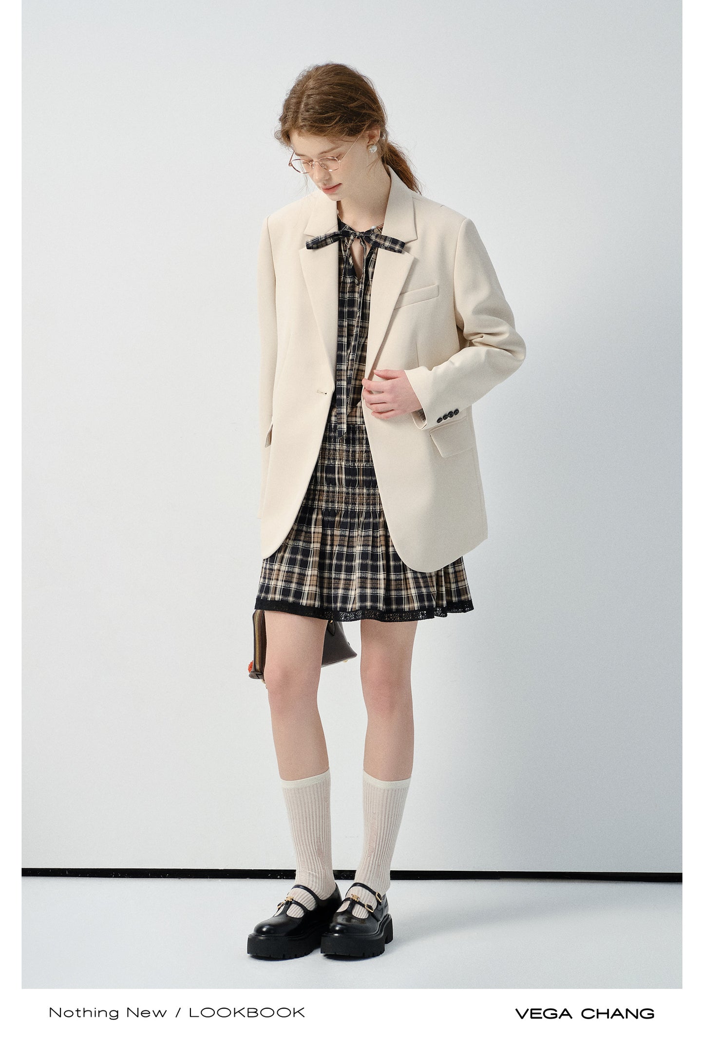 Plaid Smocked Tie-Neck Dress And Adjustable Blazer