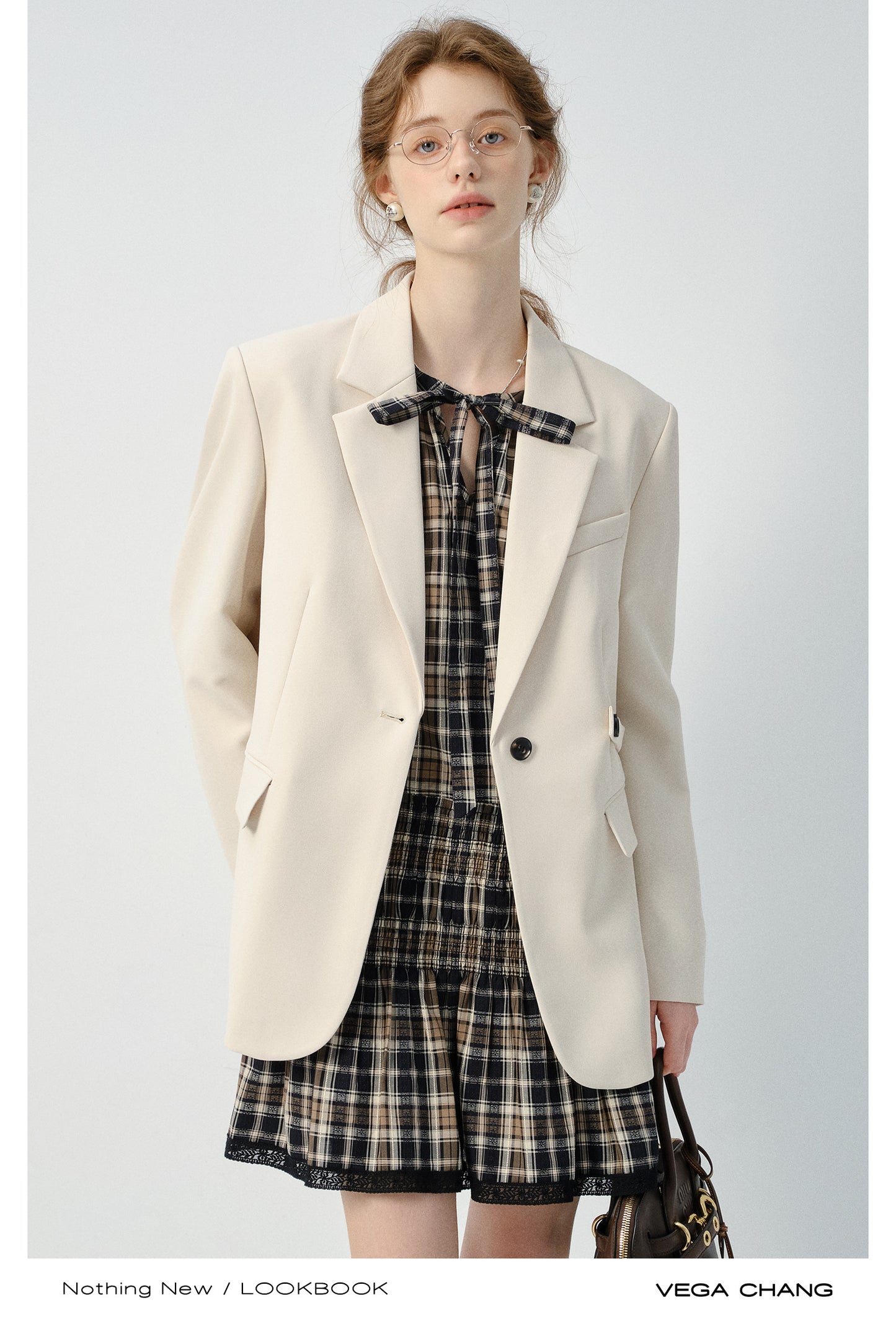 Plaid Smocked Tie-Neck Dress And Adjustable Blazer
