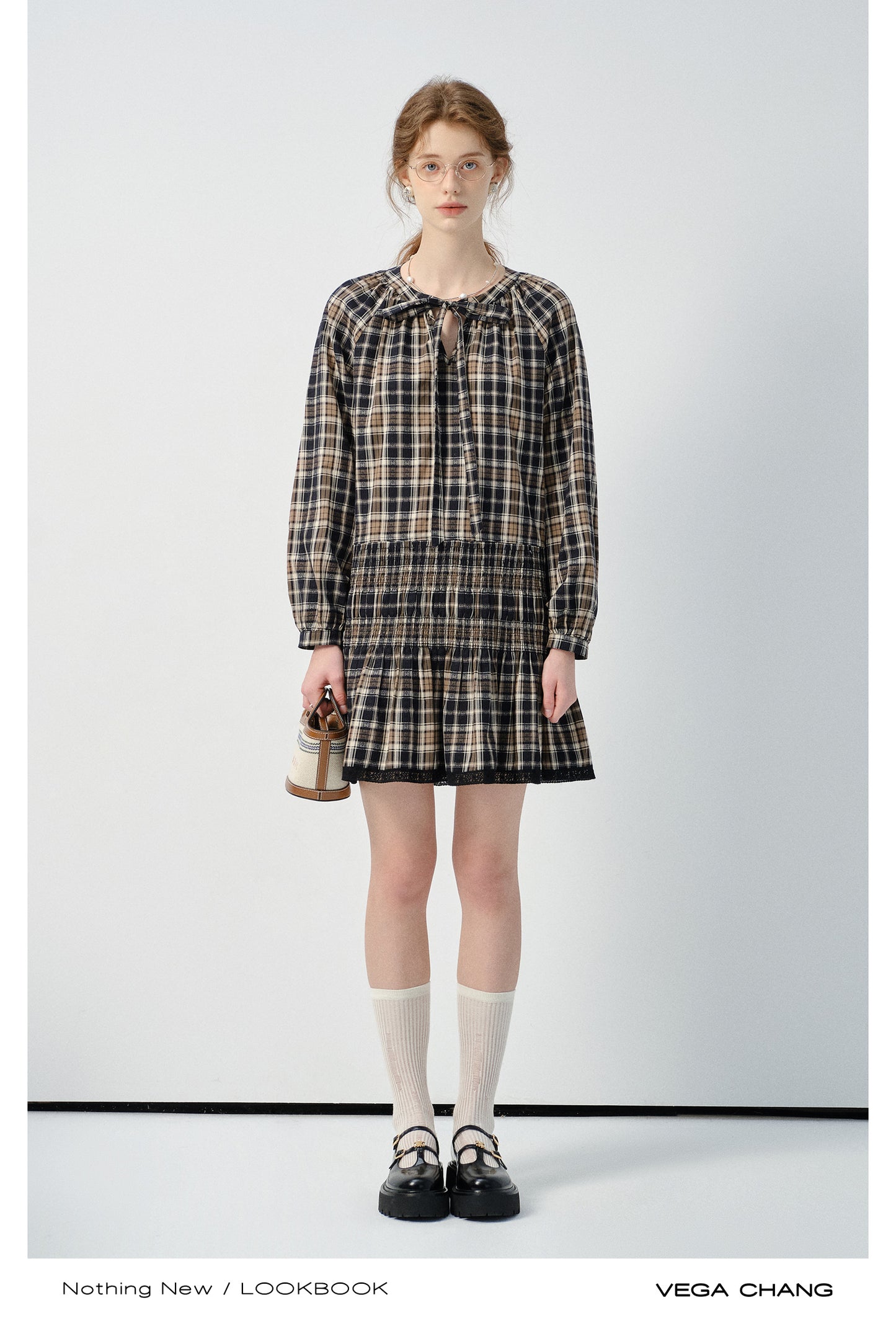 Plaid Smocked Tie-Neck Dress And Adjustable Blazer