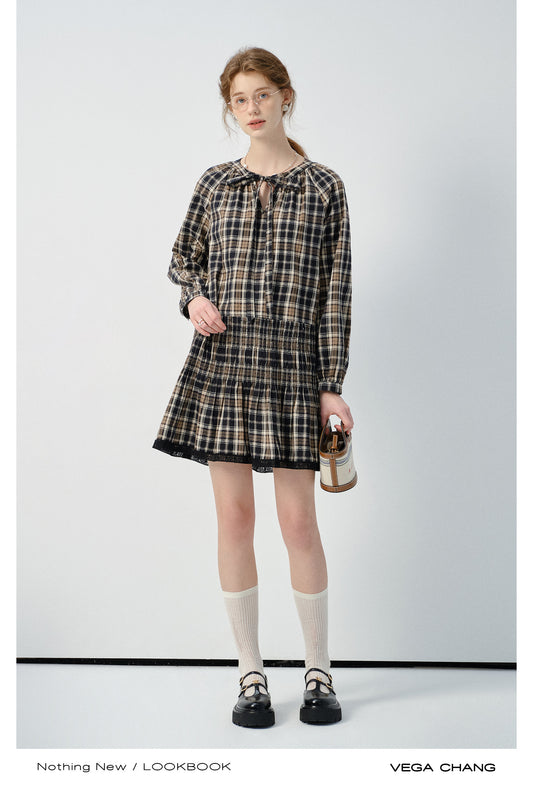 Plaid Smocked Tie-Neck Dress And Adjustable Blazer