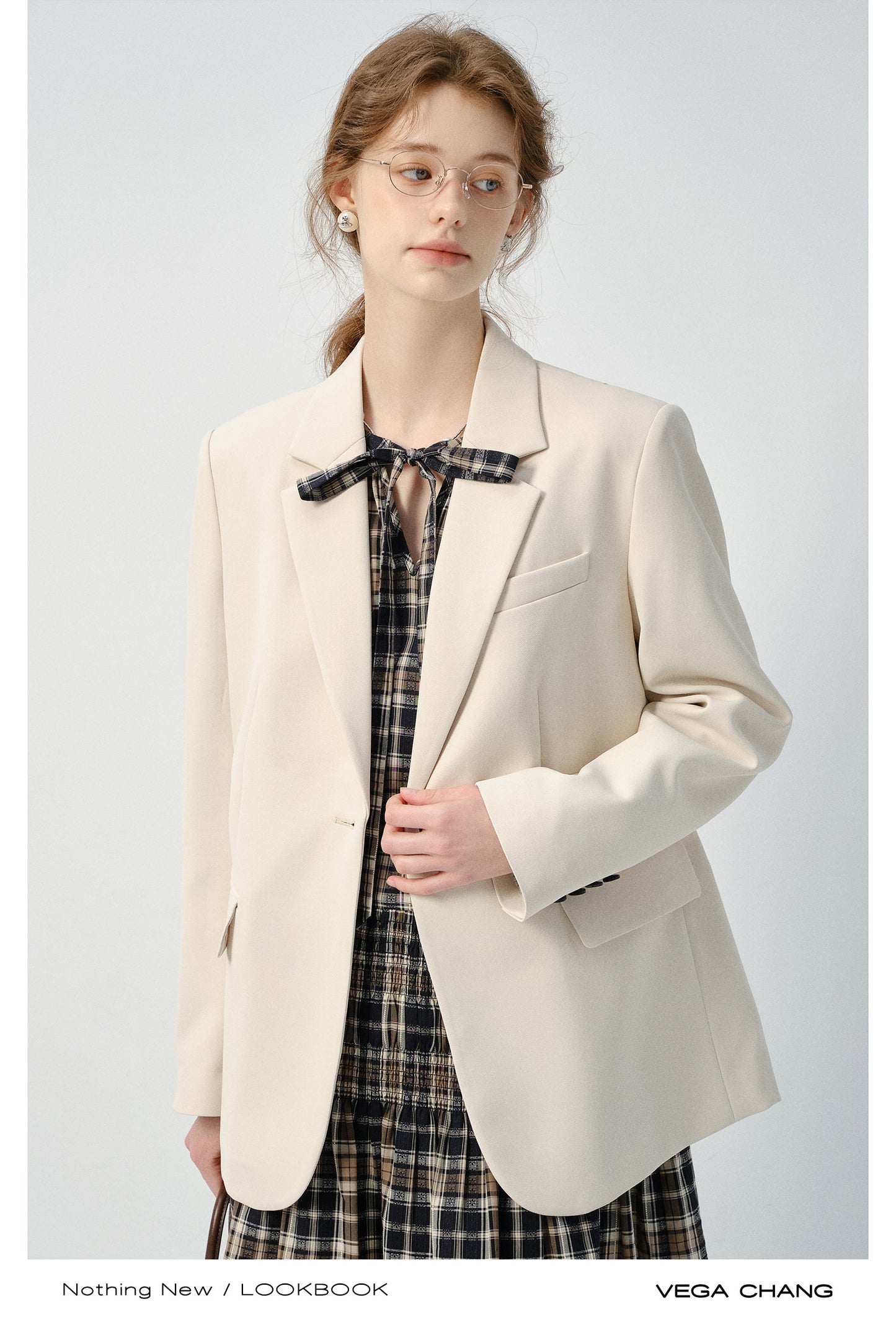 Plaid Smocked Tie-Neck Dress And Adjustable Blazer