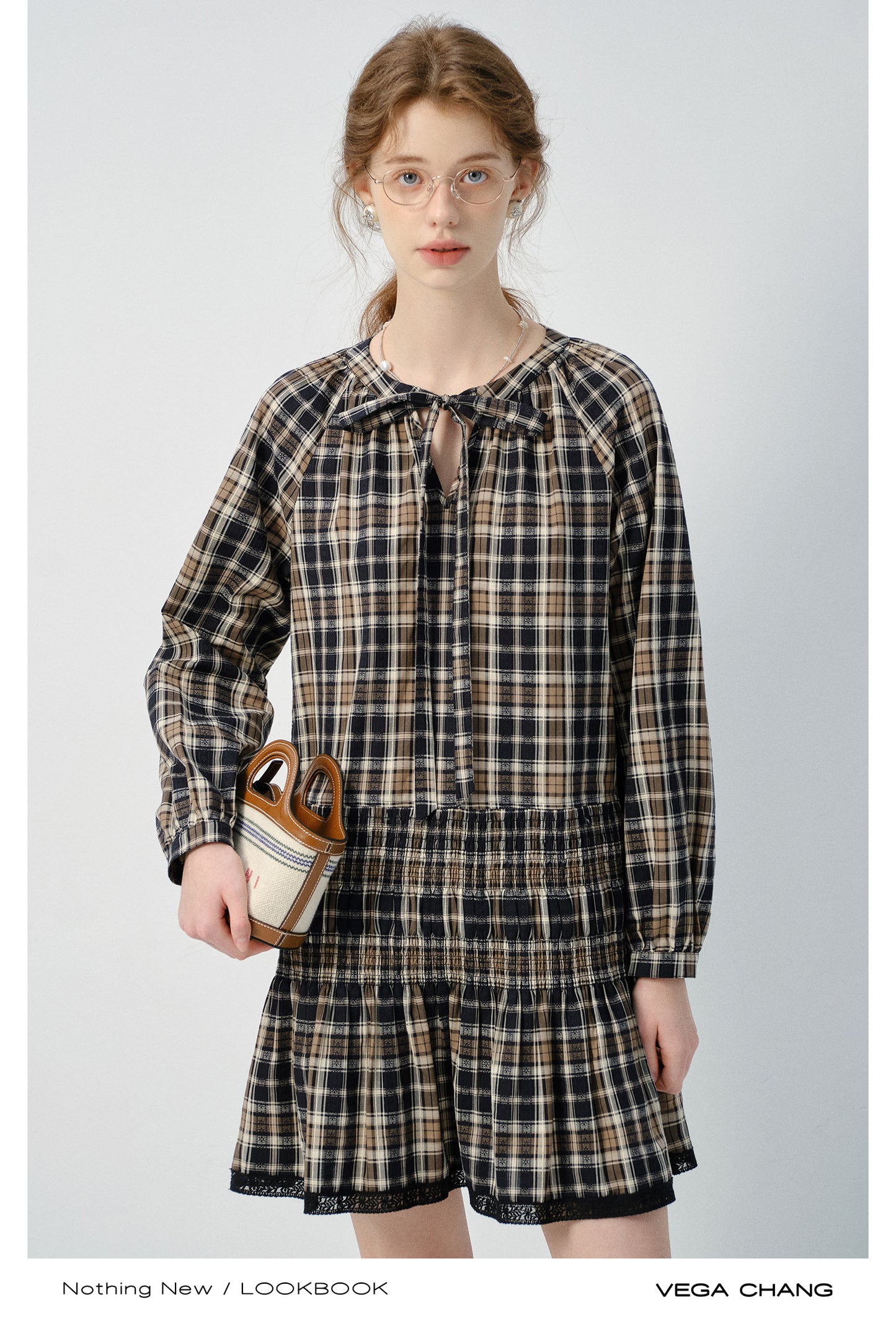 Plaid Smocked Tie-Neck Dress And Adjustable Blazer