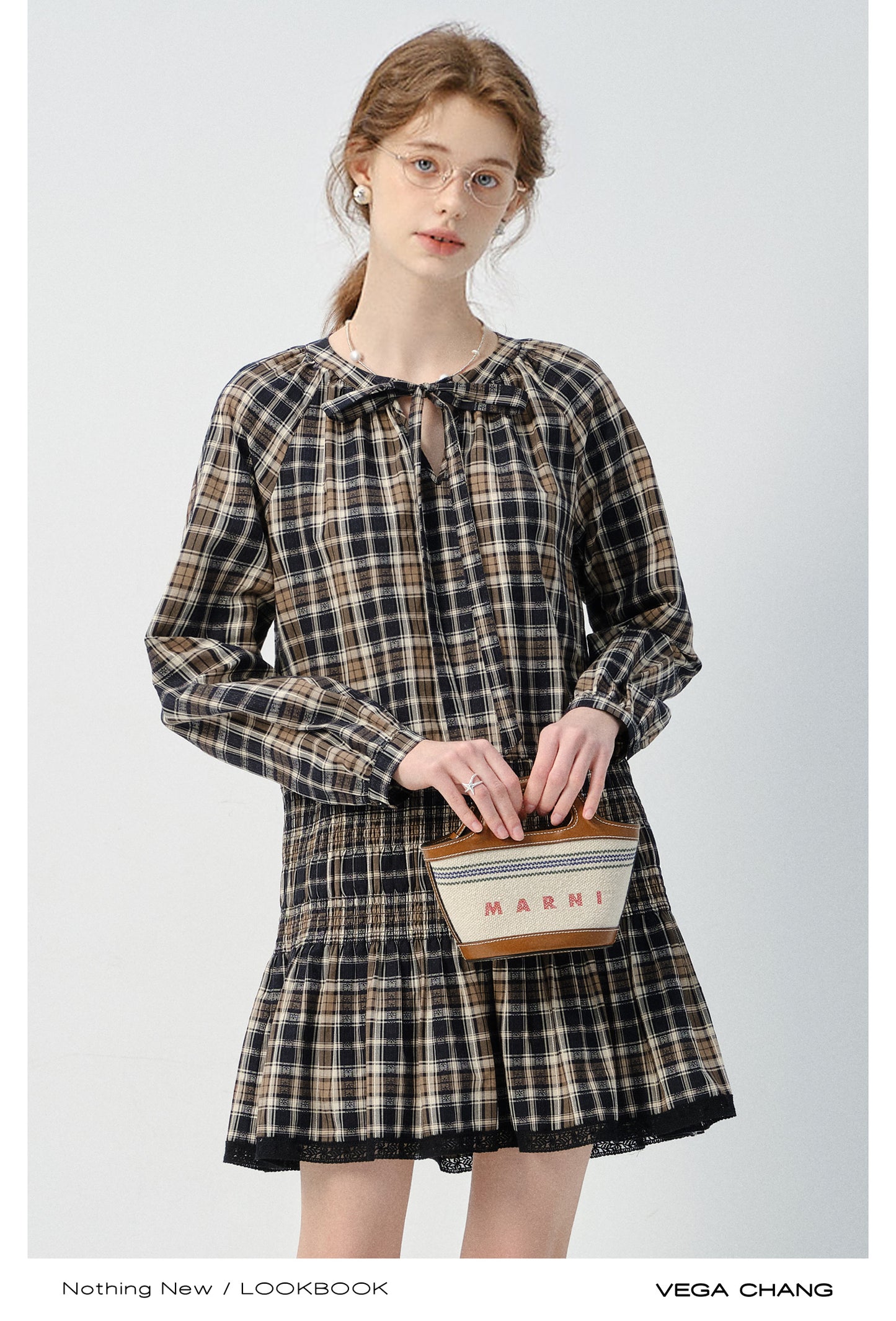 Plaid Smocked Tie-Neck Dress And Adjustable Blazer