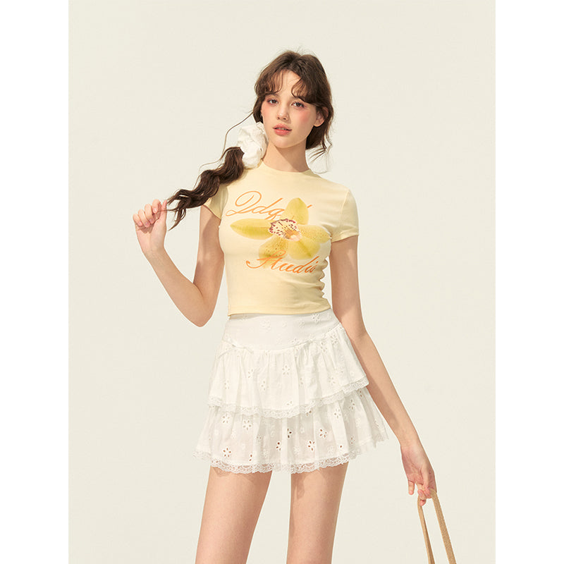 Eyelet Embroidered Cotton Shirt & Tiered Mini Skirt