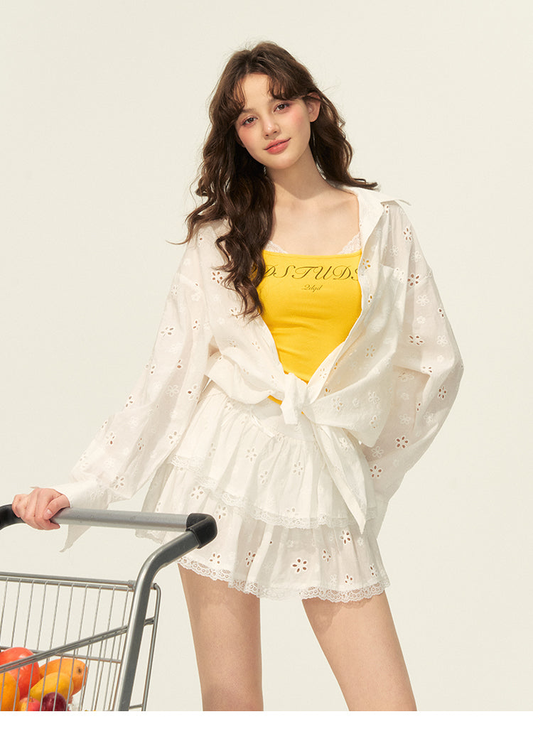 Eyelet Embroidered Cotton Shirt & Tiered Mini Skirt