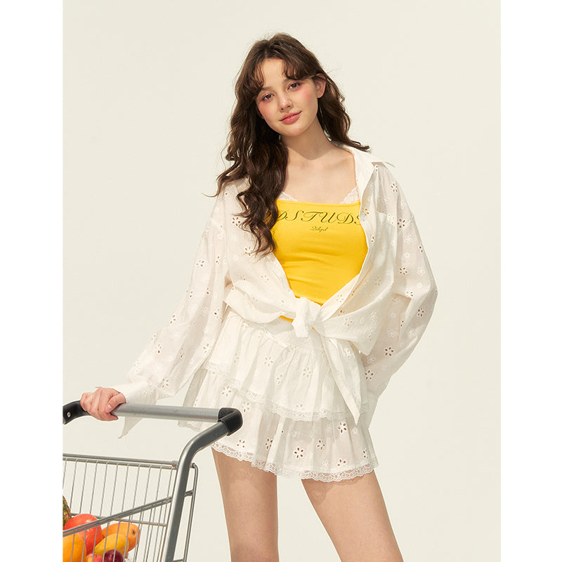 Eyelet Embroidered Cotton Shirt & Tiered Mini Skirt