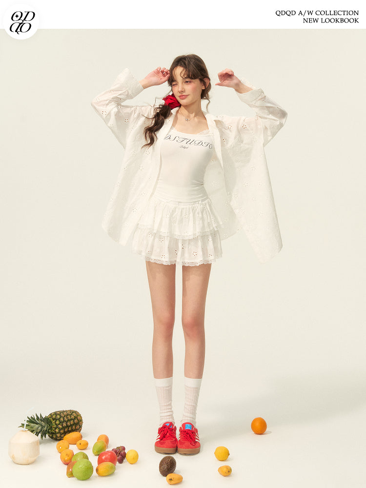 Eyelet Embroidered Cotton Shirt & Tiered Mini Skirt