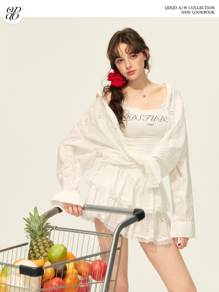Eyelet Embroidered Cotton Shirt & Tiered Mini Skirt
