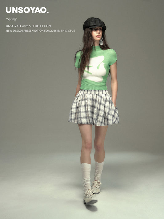 Pleated Fitted Mock Neck T-Shirt With Bird Motif