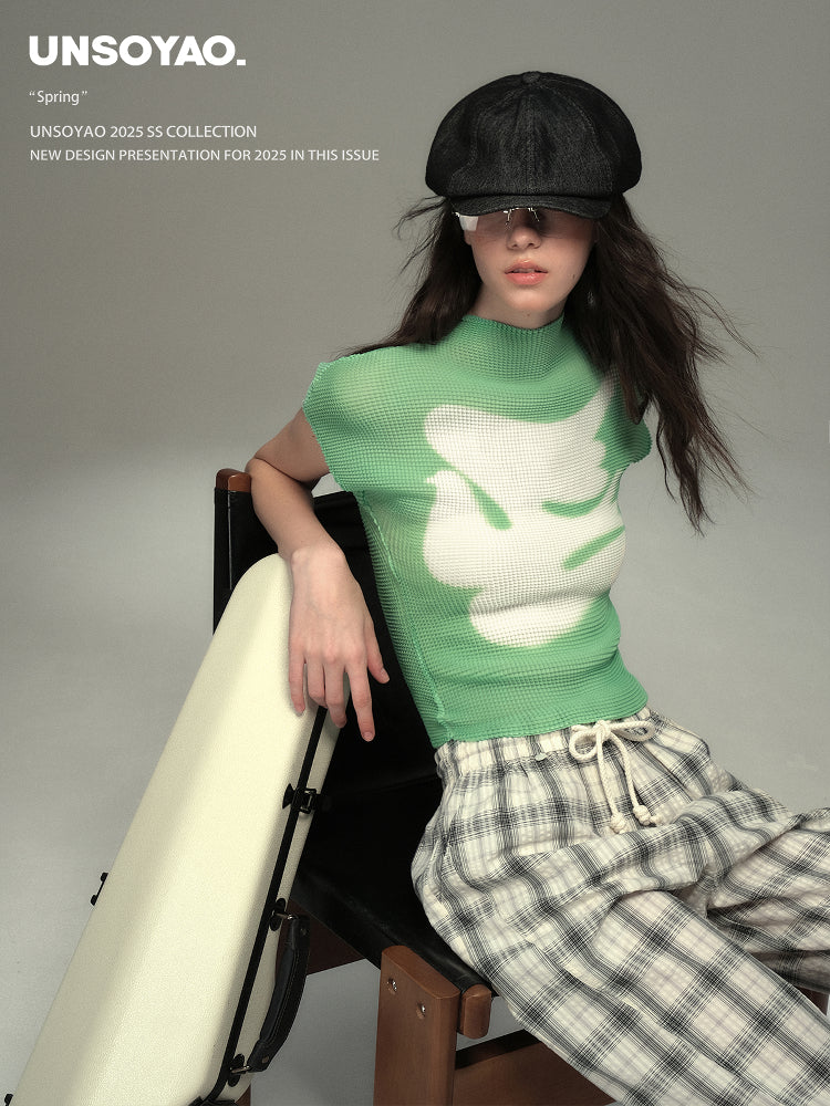 Pleated Fitted Mock Neck T-Shirt With Bird Motif
