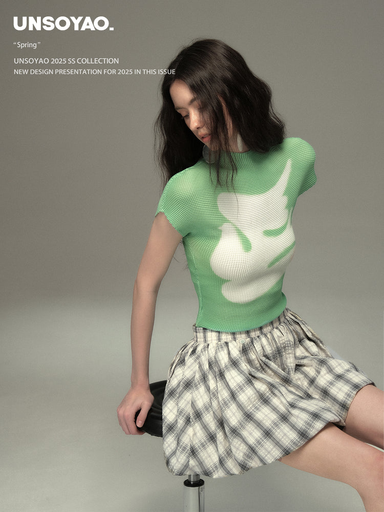 Pleated Fitted Mock Neck T-Shirt With Bird Motif