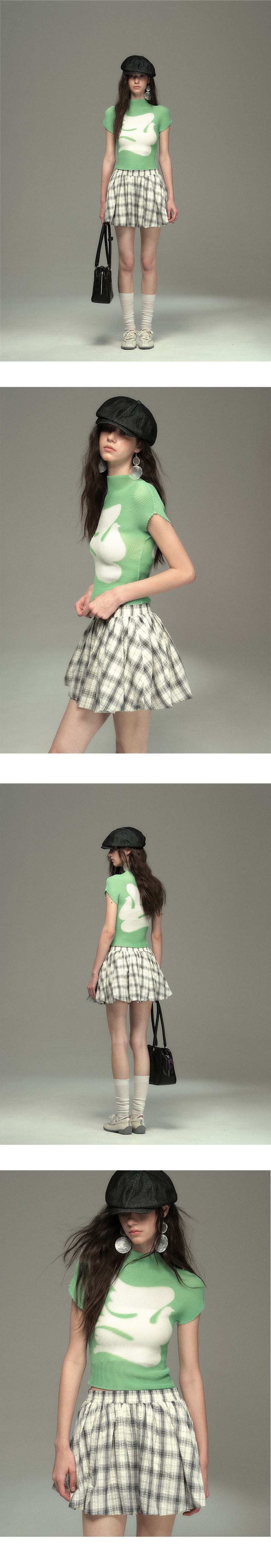 Pleated Fitted Mock Neck T-Shirt With Bird Motif