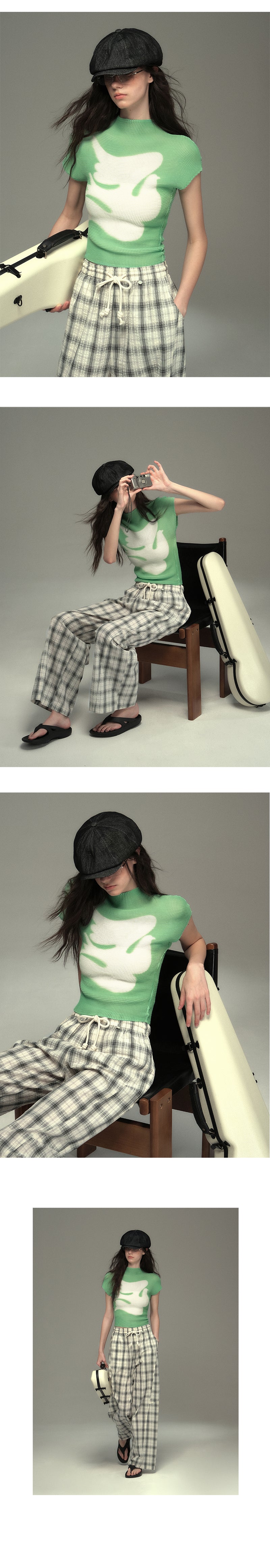 Pleated Fitted Mock Neck T-Shirt With Bird Motif