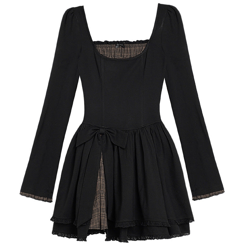 Gothic-Style Dress With Faux Layered Plaid And Bow