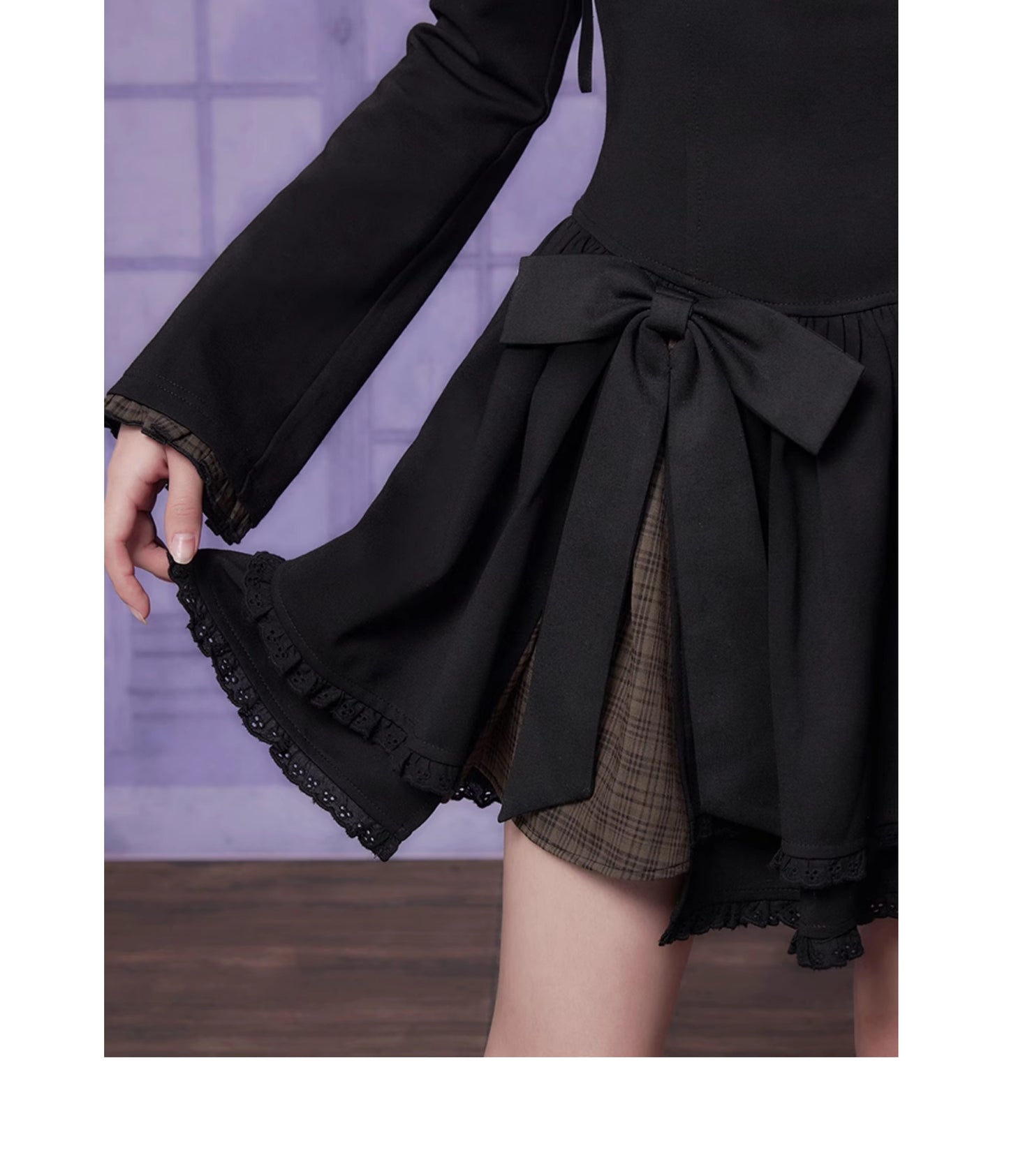 Gothic-Style Dress With Faux Layered Plaid And Bow