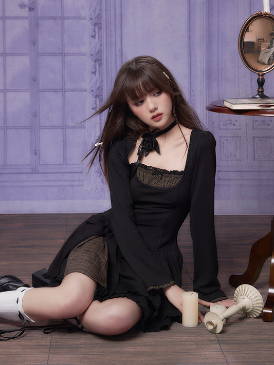 Gothic-Style Dress With Faux Layered Plaid And Bow