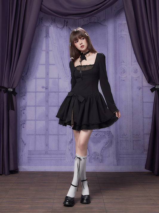 Gothic-Style Dress With Faux Layered Plaid And Bow