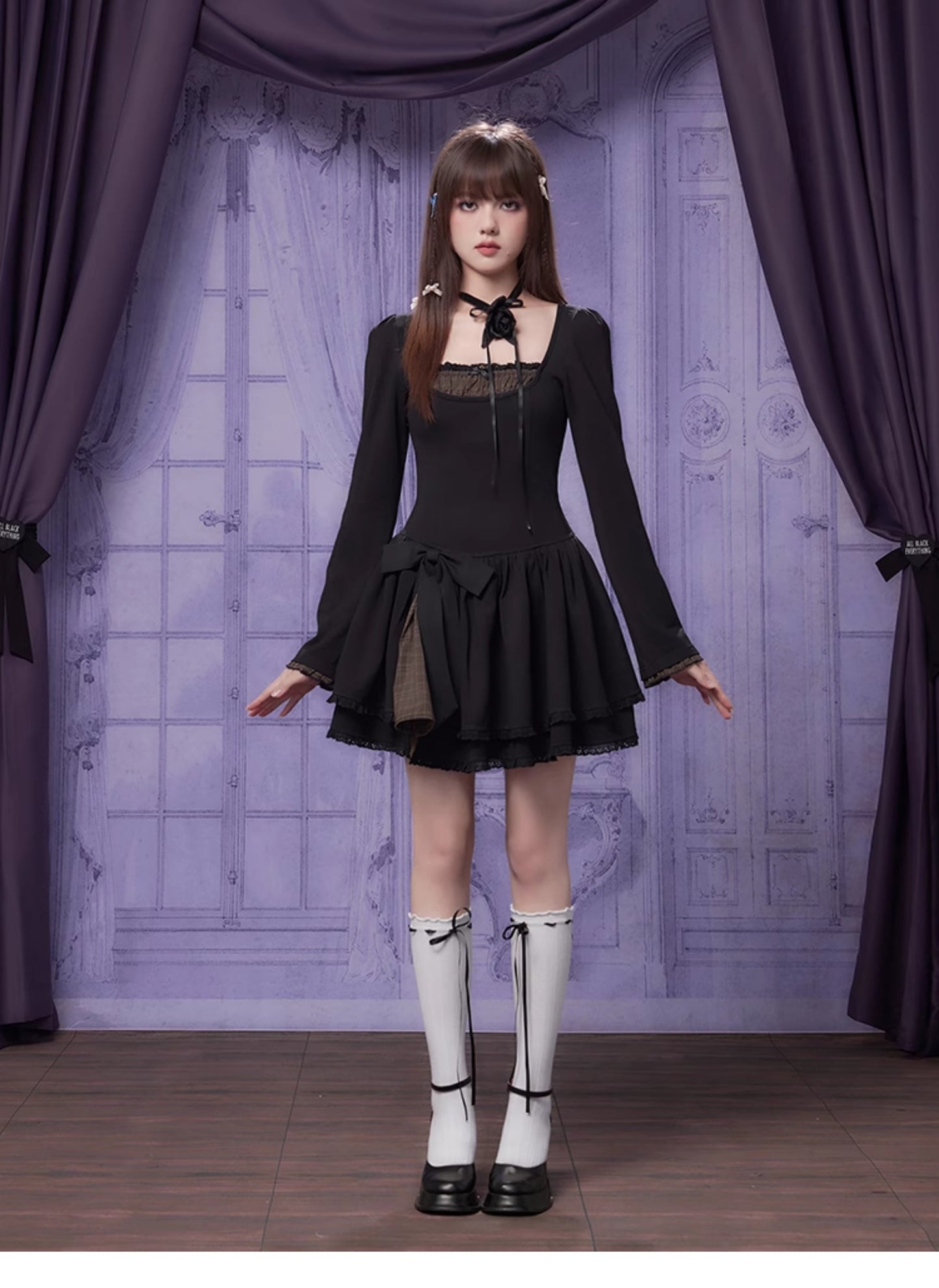 Gothic-Style Dress With Faux Layered Plaid And Bow