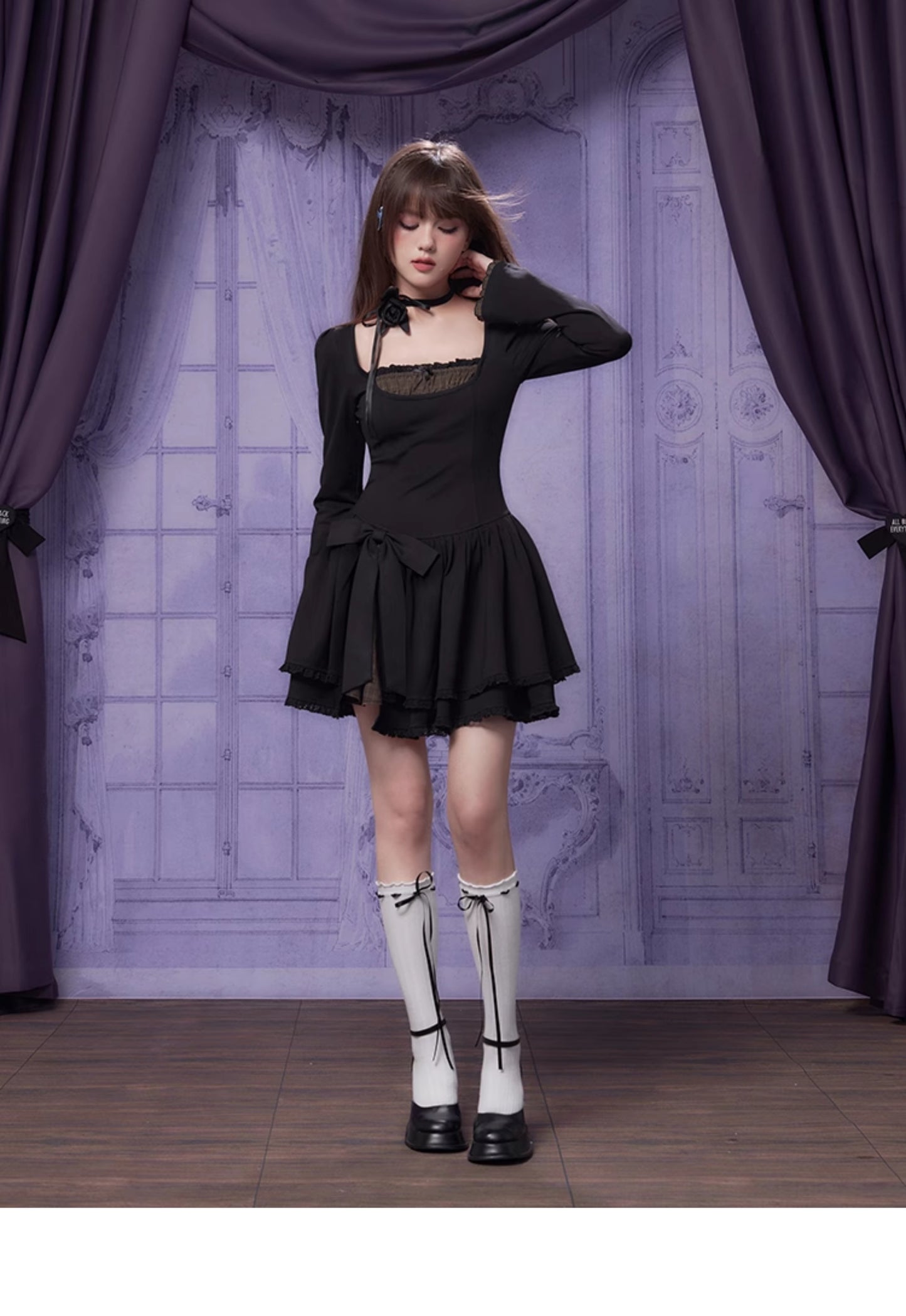 Gothic-Style Dress With Faux Layered Plaid And Bow