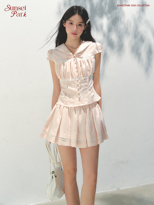 Pleated Tencel Skirt With Lace Detail