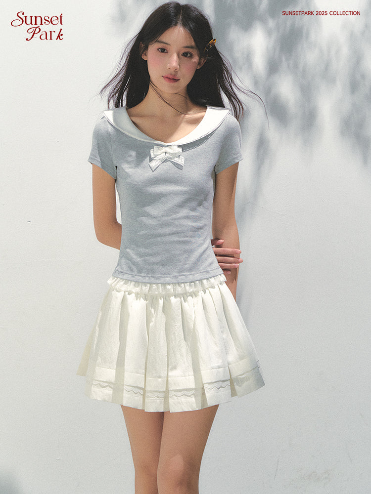 Pleated Tencel Skirt With Lace Detail