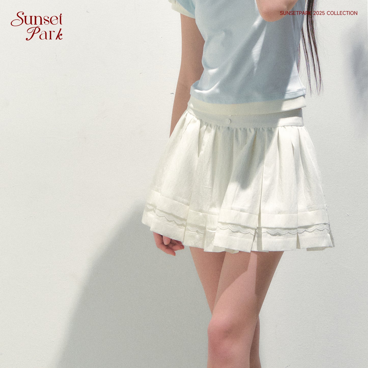 Pleated Tencel Skirt With Lace Detail