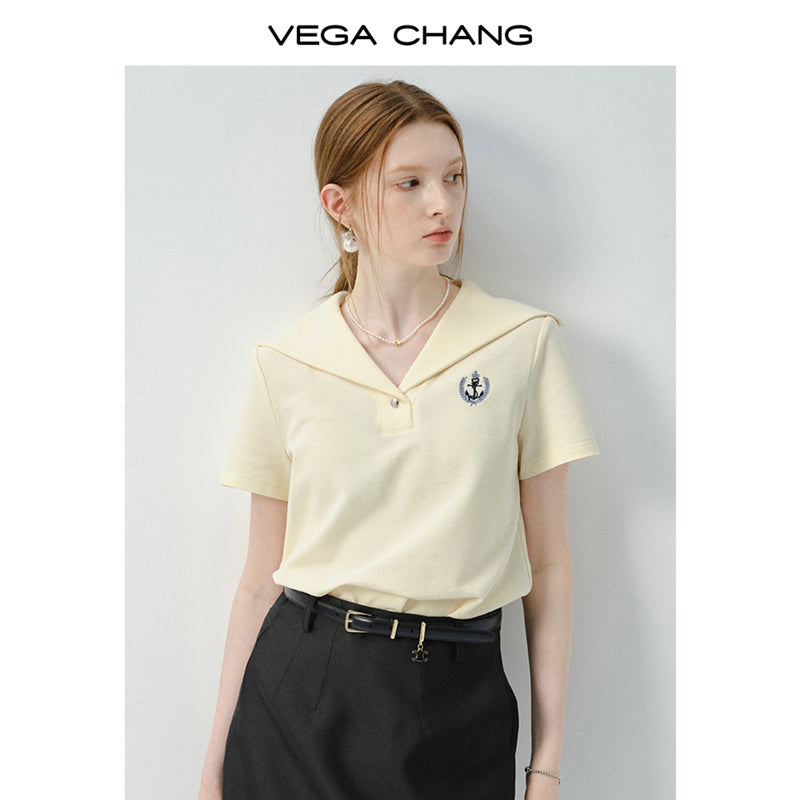 Large-Collar Embroidered Polo Shirt