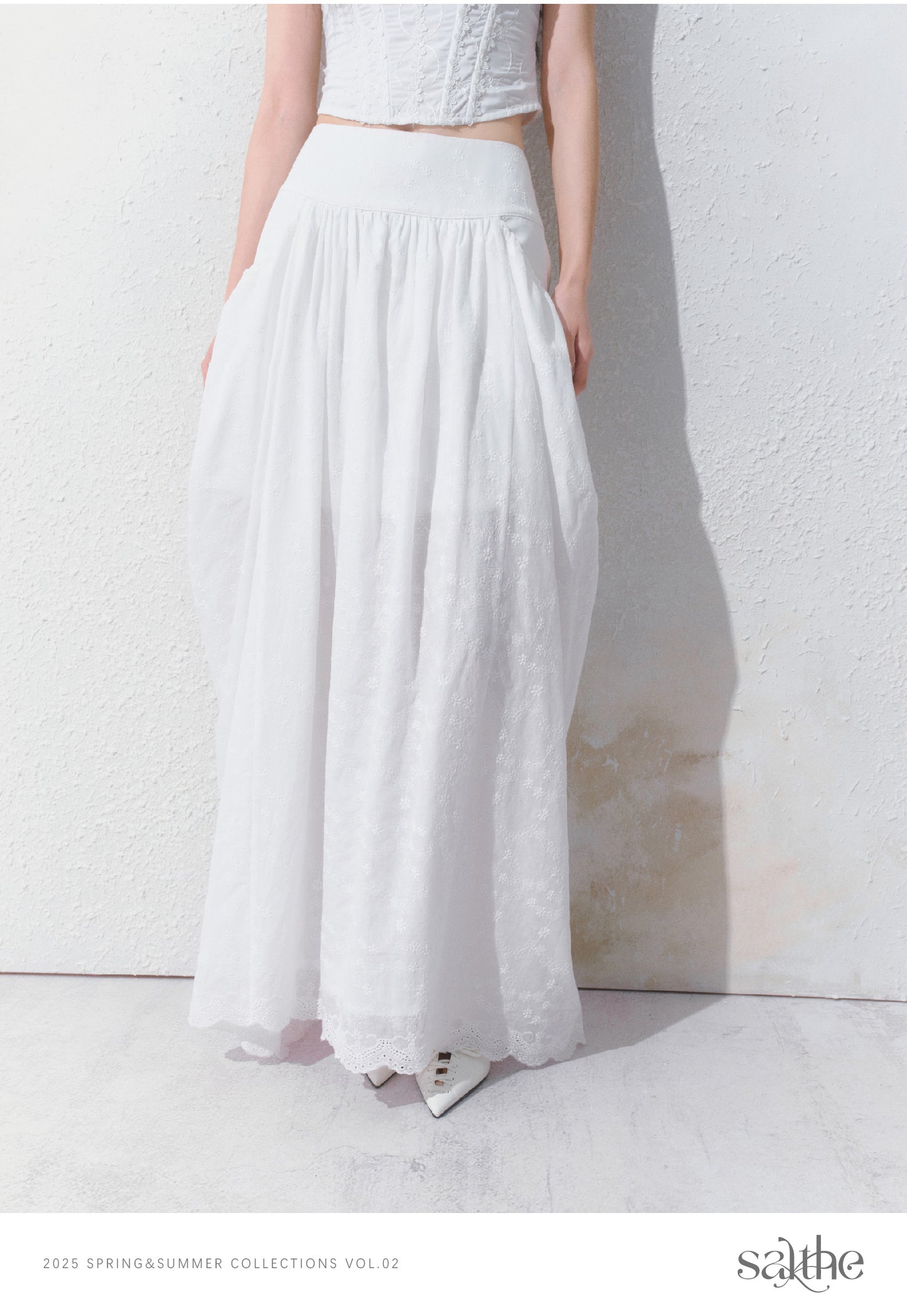 Gathered Cotton Maxi Skirt With Side Pockets