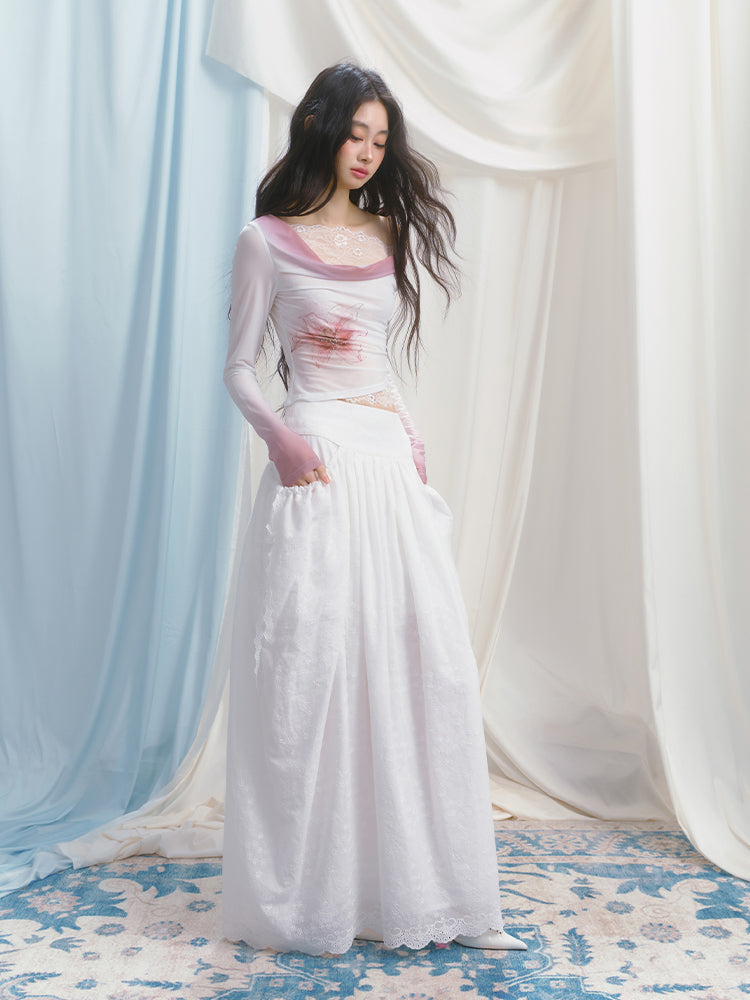 Gathered Cotton Maxi Skirt With Side Pockets