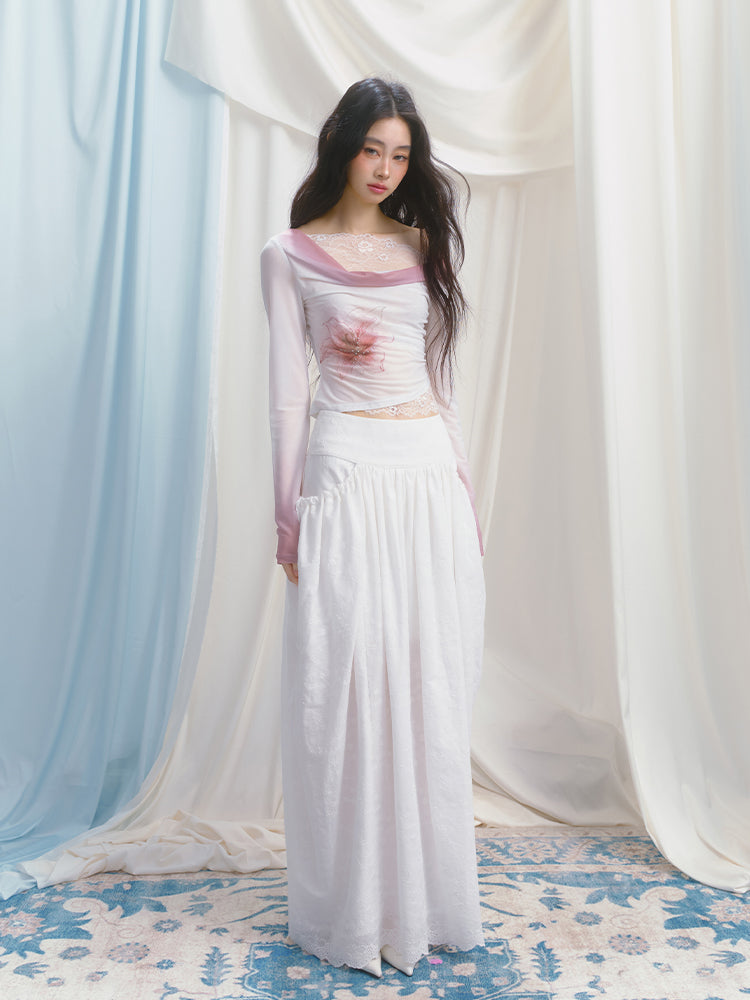 Gathered Cotton Maxi Skirt With Side Pockets